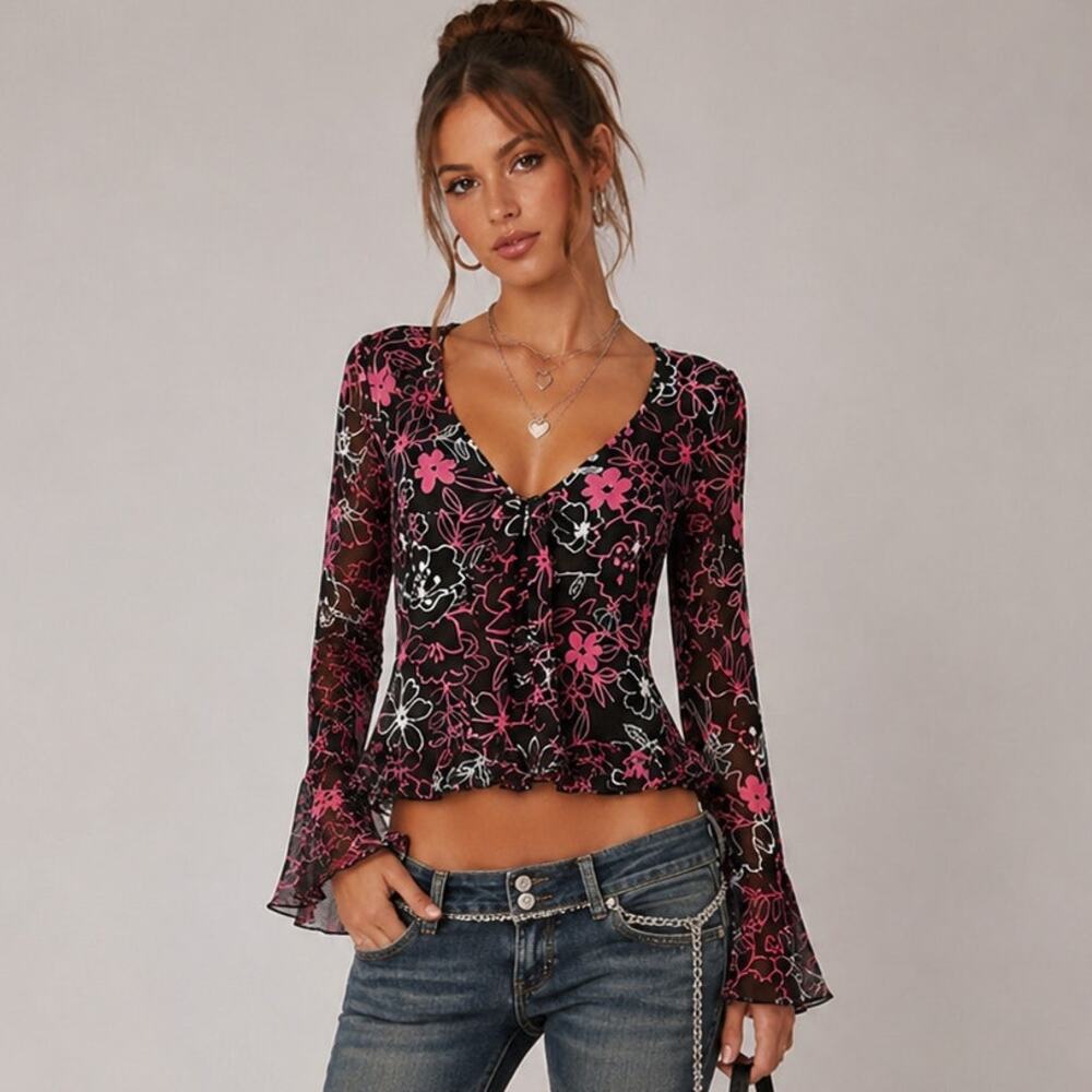 Vintage 90s Y2K Floral Babydoll Top XL Sheer Bell Sleeve Dark Fairy Whimsy Artsy